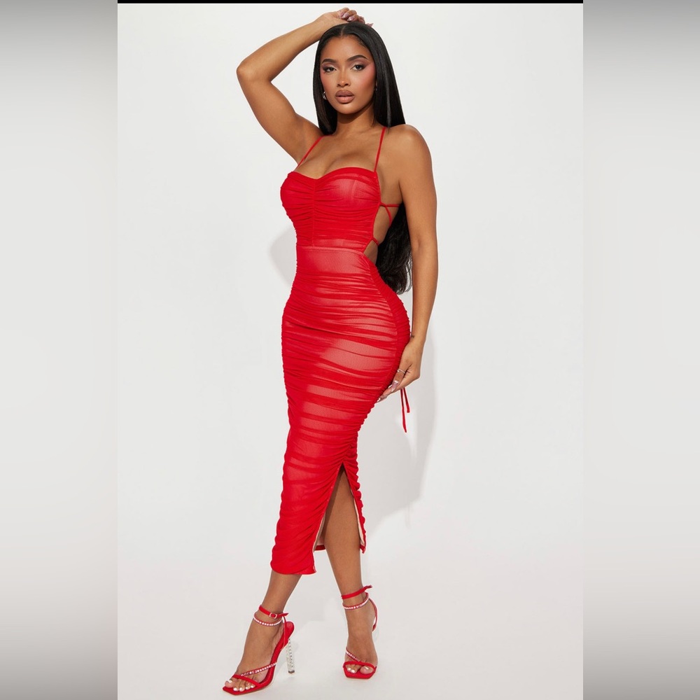 Fashion Nova red mesh midi dress. Brand New with Tags